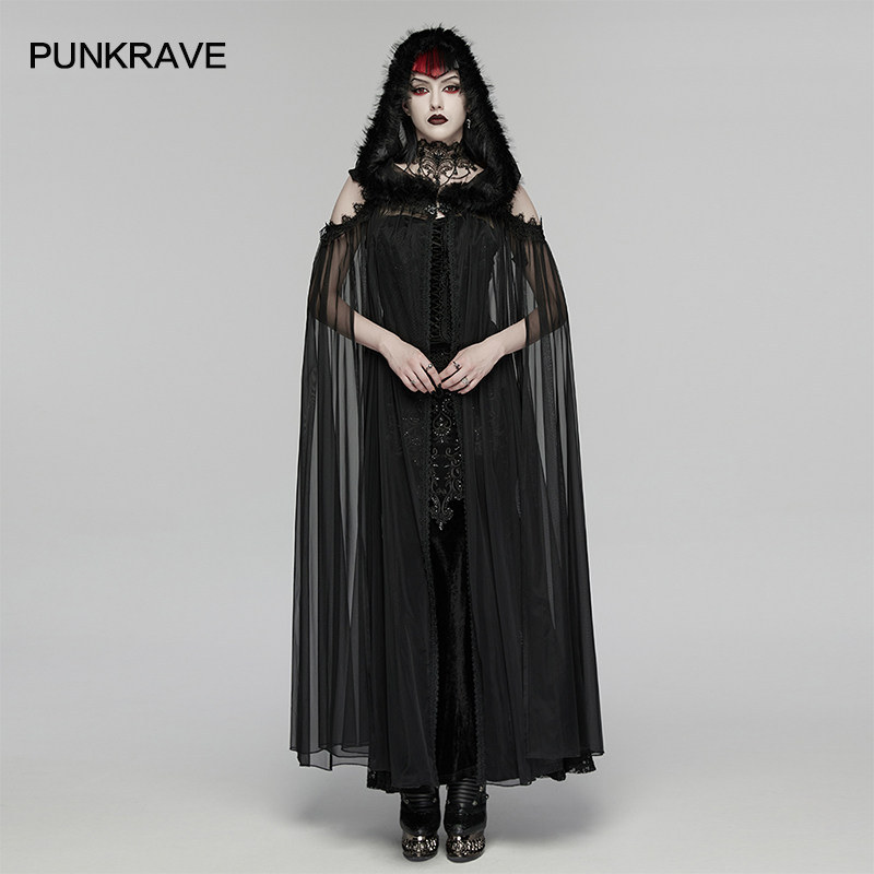 PUNKRAVE哥特透视蕾丝斗篷外套