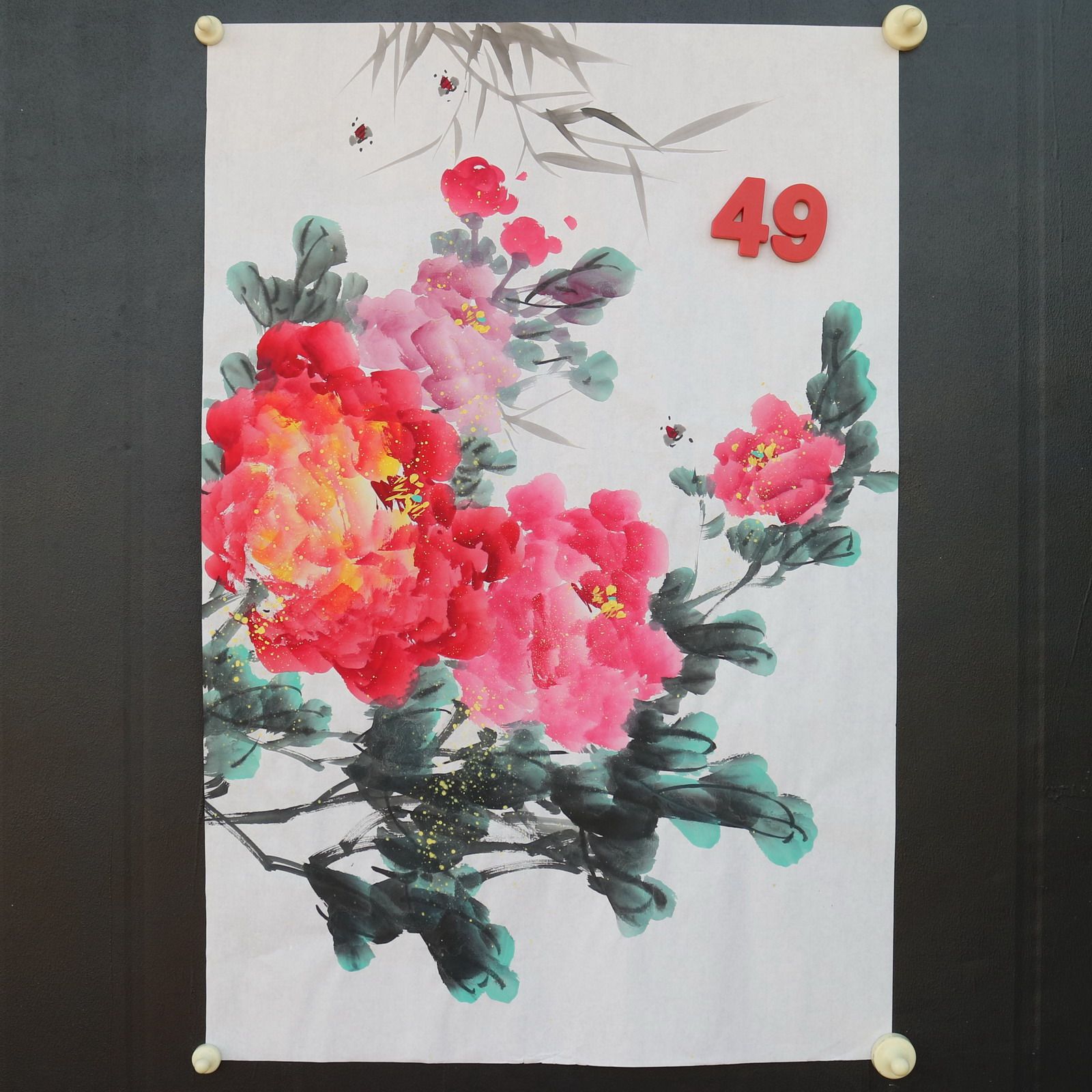 特价手绘无款四尺三开竖幅牡丹花鸟国画家居装饰字画RX5120149