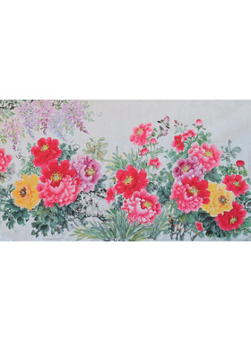手绘无款横幅小八尺牡丹紫藤水仙花鸟国画客厅装饰字画RA6102002