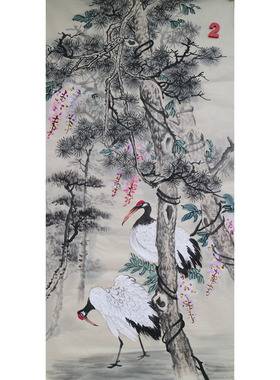 手绘无款大写意花鸟四尺仙鹤松树紫藤国画玄关装饰字画RF653103