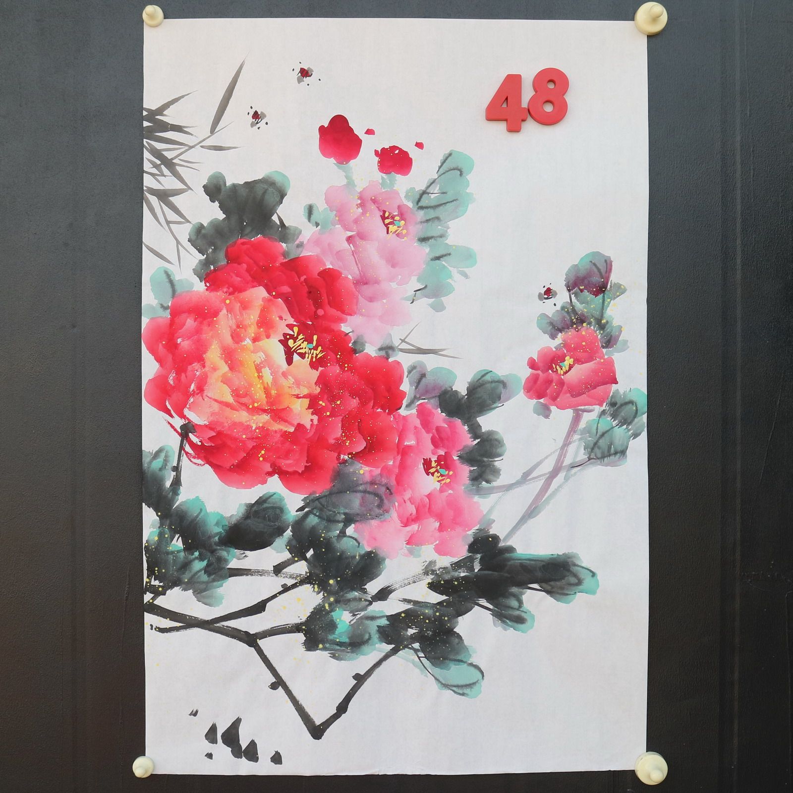 特价手绘无款四尺三开竖幅牡丹花鸟国画家居装饰字画RX5120148