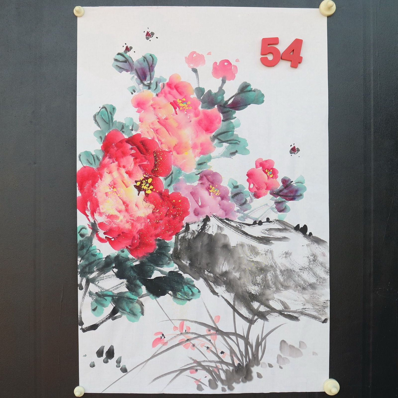 特价手绘无款四尺三开竖幅牡丹花鸟国画家居装饰字画RX5120154