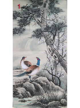 手绘无款大写意花鸟四尺锦鸡松树梅花国画玄关装饰字画RF653101