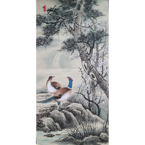 手绘无款大写意花鸟四尺锦鸡松树梅花国画玄关装饰字画RF653101