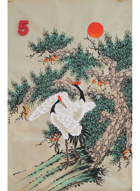 特价手绘竖幅无款四尺三开松树仙鹤松鹤延年国画装饰字画RC6505