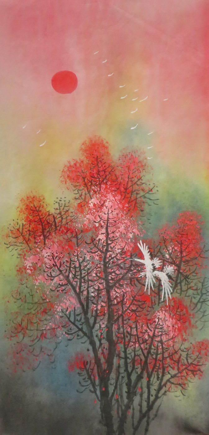 特价无款手绘仙鹤花鸟国画重彩风景画过道装饰画rg91201093