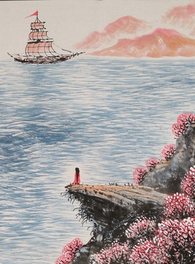 特价无款宣纸国画三尺斗方大海纳百川一帆风顺家居装饰RD510901