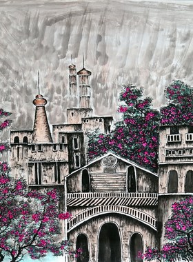 特价手绘无款国画家居水墨四尺斗方写生城堡欧式风格花鸟RL52104