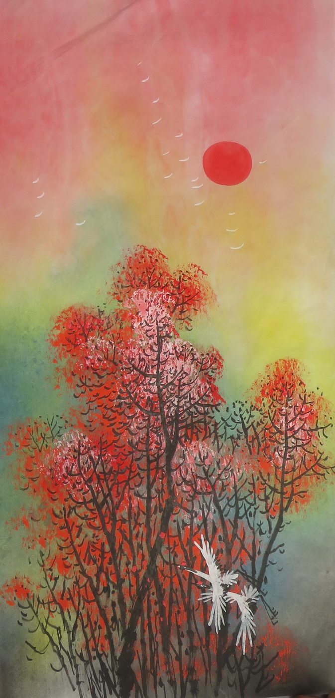 特价无款手绘仙鹤花鸟国画重彩风景画过道装饰画rg91201090