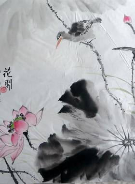 特价有款三尺斗方水墨荷花鸟国画手绘中式客厅装饰字画RH10301024
