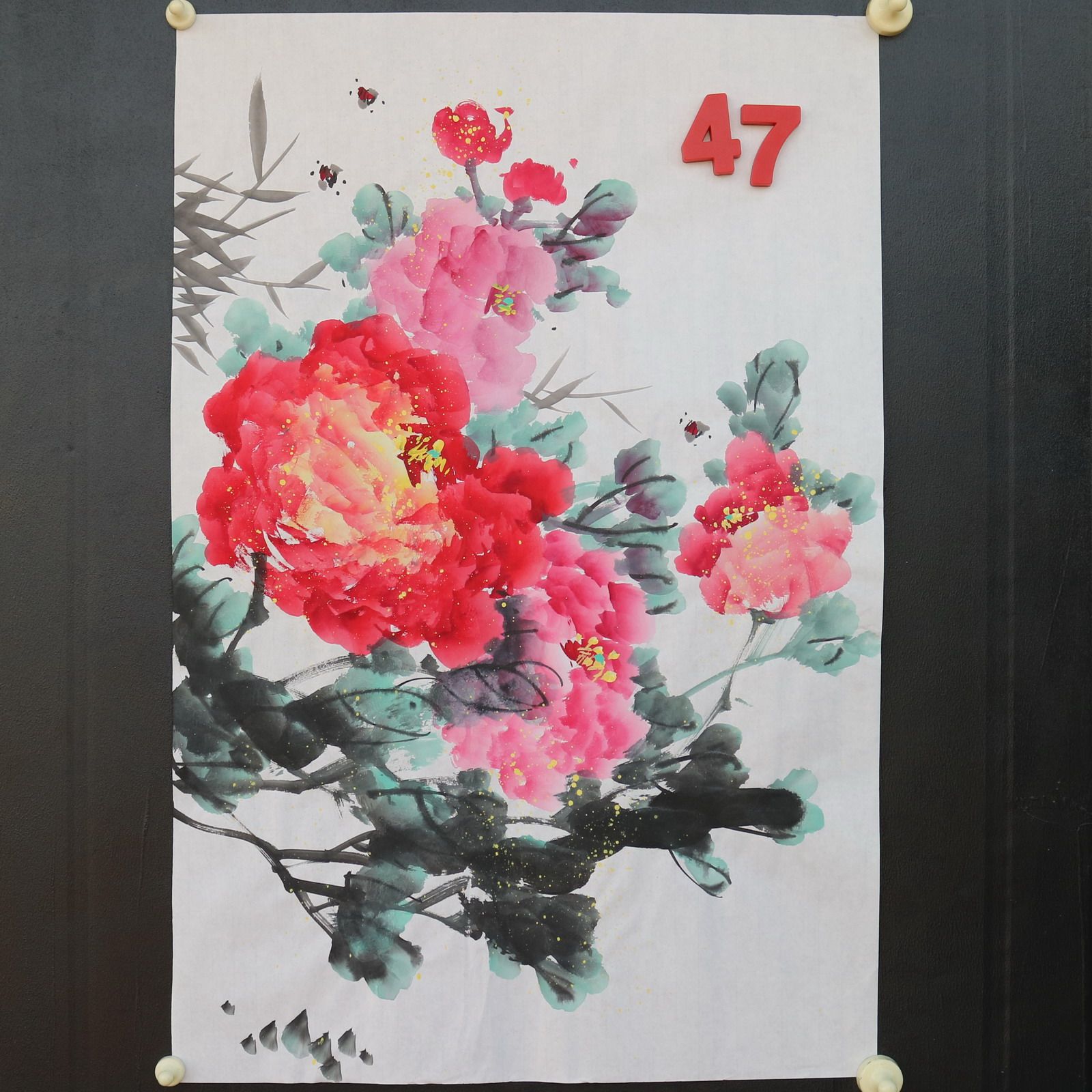 特价手绘无款四尺三开竖幅牡丹花鸟国画家居装饰字画RX5120147