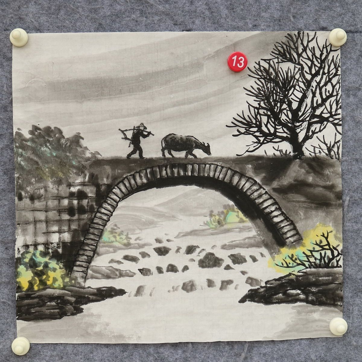 特价手绘水墨无款宣纸原稿国画四尺八开小品故乡情田园山水RC5613