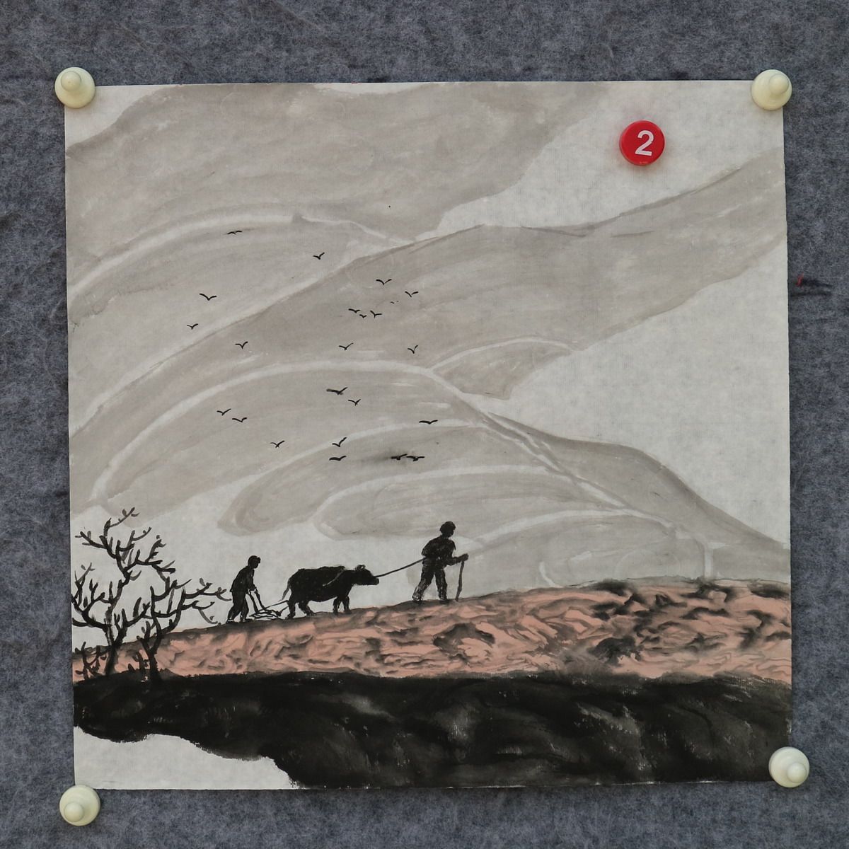 特价手绘水墨无款宣纸原稿国画四尺八开小品故乡情田园山水RC5602