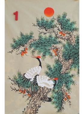特价手绘竖幅无款四尺三开松树仙鹤松鹤延年国画装饰字画RC6501