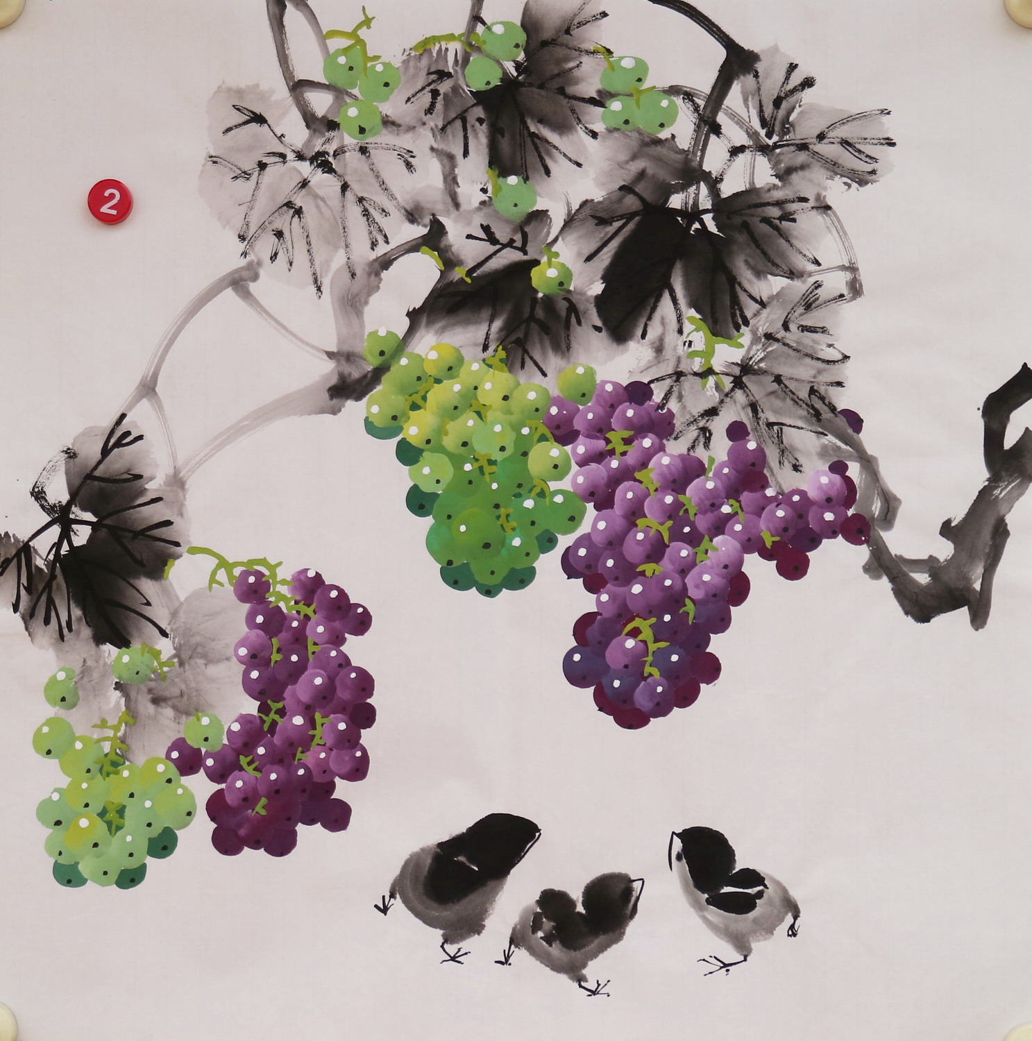 特价无款家居餐厅装饰宣纸写意三尺斗方花鸟葡萄水果图字画RS5802