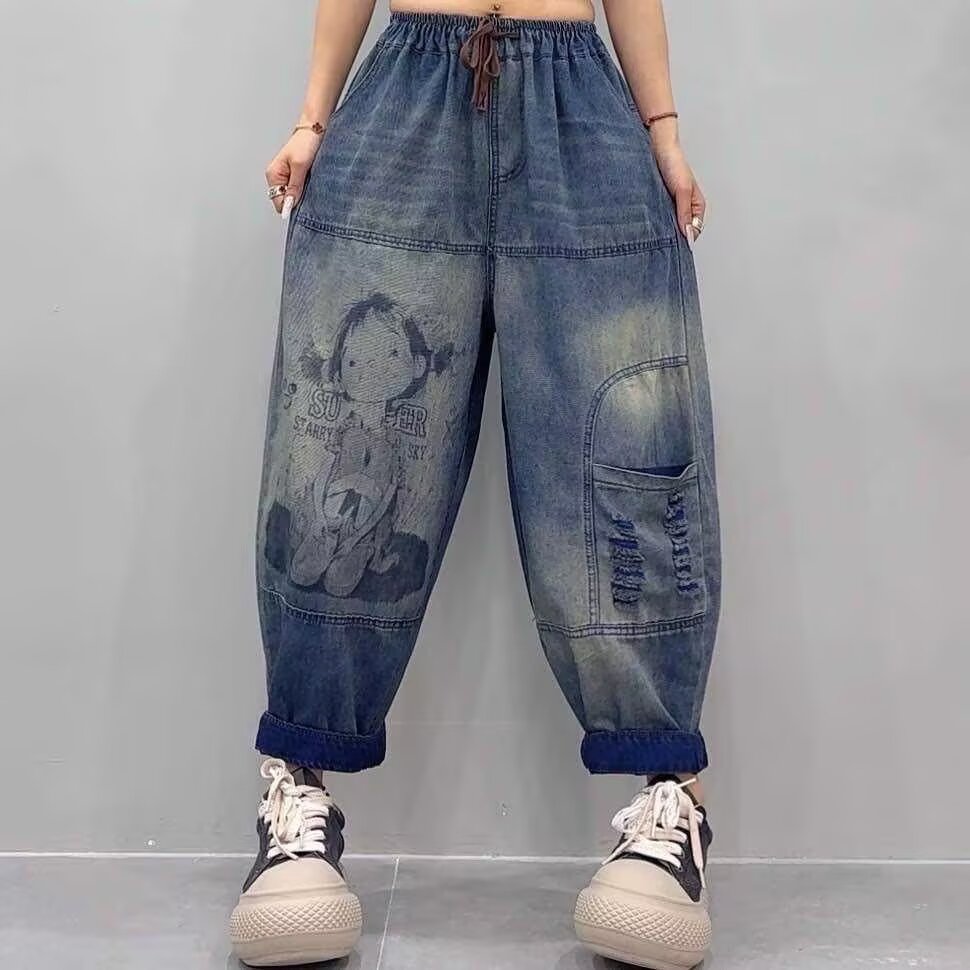 时尚卡通女孩印花九分牛仔裤女士潮流破洞宽松显瘦薄款哈伦萝卜裤