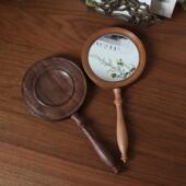 imooo原创家居法式 中古胡桃木实木手持小镜子便携随身梳妆化妆镜