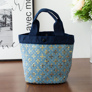 集物优品珠片手提包女百搭牛仔布饭盒袋通勤托特包上班便当包新款