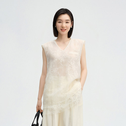 夏季极简无袖V领蕾丝女衬衫