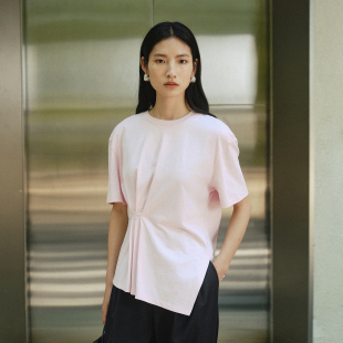 高腰收褶纯棉针织短袖T恤女2026夏季新款百搭显瘦斜开叉圆领上衣