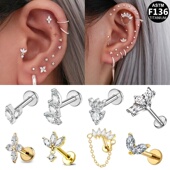 简欧美F 136钛合金精致锆石花朵内螺纹可爱甜美温柔穿刺耳钉唇钉