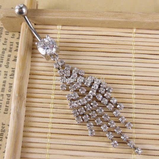 欧美时尚流行肚脐环链条镶钻流苏银丝带白钻肚脐扣吊坠穿刺饰品女