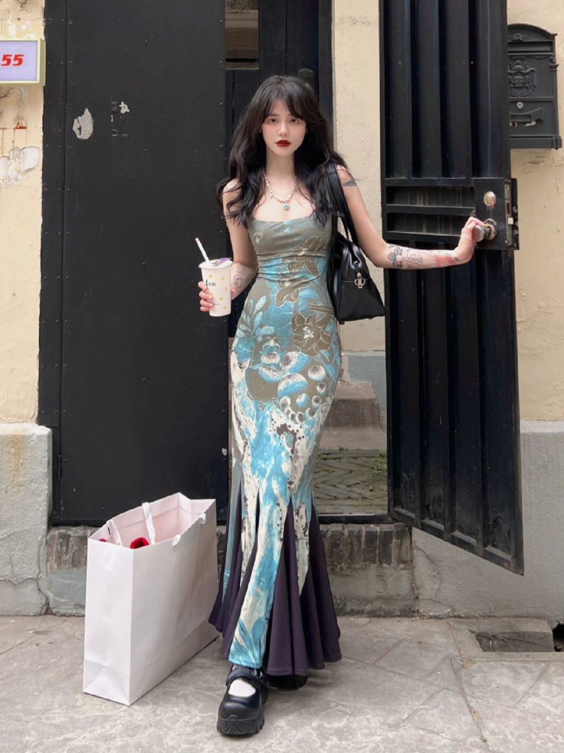 夏装新中式印花拼接可调节吊带长裙鱼尾连衣裙春夏内搭裙外穿潮