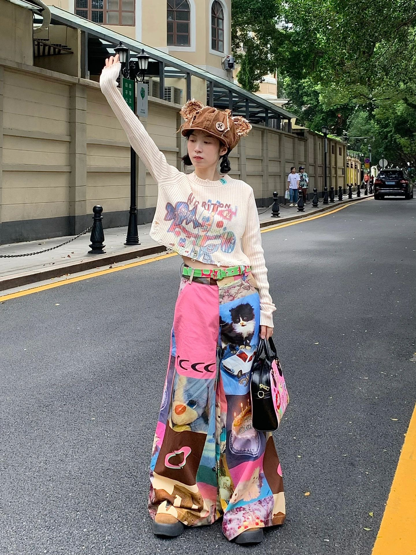 猫咪蛋糕图案可爱卡通印花阔腿裤裙女春秋艺术感中裤子