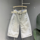 宽松bf风七分阔腿裤 浅灰色6分牛仔直筒裤 新款 原创欧货2025年夏季