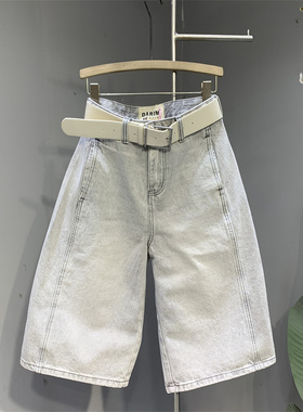 原创欧货2025年夏季新款浅灰色6分牛仔直筒裤宽松bf风七分阔腿裤