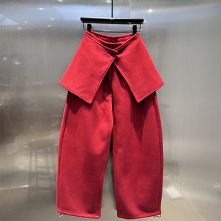 设计屁帘可拆卸休闲裤 阔腿裤 女2025冬季 宽松显瘦时尚 新款 红色个性