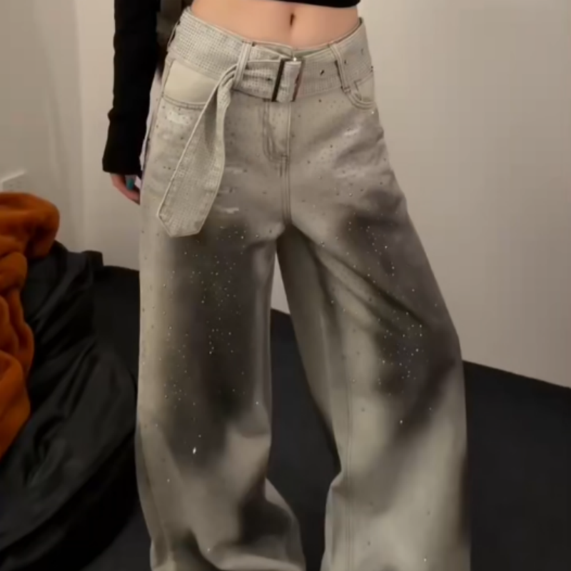 美式复古扎染重工烫钻辣妹牛仔裤女2026年春季新款百搭时髦阔腿裤,女装/女士精品,牛仔裤,淘宝优惠券,粉丝福利购,淘宝优惠卷