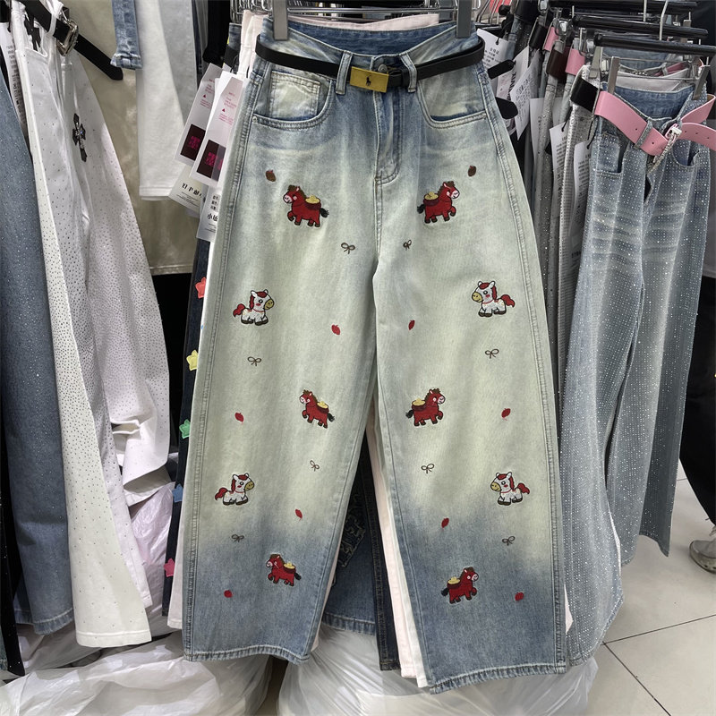 韩系蓝色氛围感小马刺绣设计洋气休闲牛仔裤女2026年春季新款长裤,女装/女士精品,牛仔裤,淘宝优惠券,粉丝福利购,淘宝优惠卷