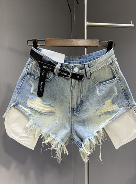 外漏口袋街头磨破水洗浅蓝色牛仔短裤2024年夏季新款辣妹时尚热裤