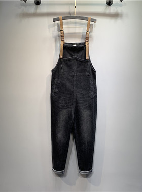 网红减龄背带裤欧洲站小个子口袋小脚哈伦裤黑灰色休闲春秋连体裤