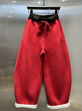 红色时尚松紧腰拼接设计抽绳休闲裤2024冬加绒加厚宽松显瘦弯刀裤