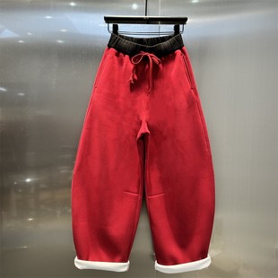 2024冬加绒加厚宽松显瘦弯刀裤 红色时尚 松紧腰拼接设计抽绳休闲裤