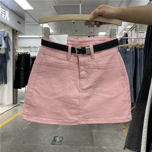 性感辣妹防走光包臀裙女 粉色水洗弹力紧身牛仔短裙2024年春夏新款