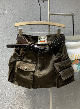 夏季高腰女士半身裙美式辣妹工装立体口袋小众高级感流行修身短裙