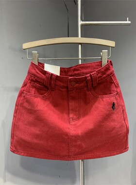 2026夏季新款红色高腰牛仔短裙女美式复古辣妹A字显瘦包臀半身裙