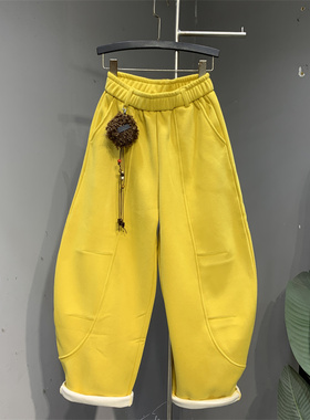 运动风多巴胺黄色洋气休闲弯刀裤女2025年冬季新款加绒加厚长卫裤
