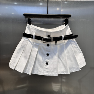 春夏季白色显瘦学院风百褶裙设计感排扣高腰短裙防走光A字半身裙