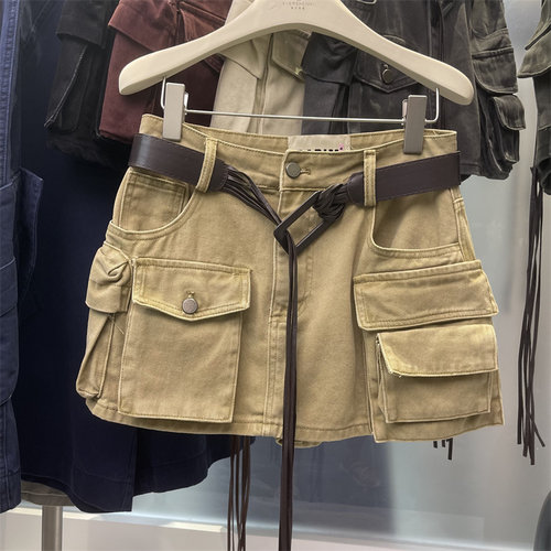 卡其色立体口袋设计感牛仔短裙