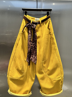 多巴胺黄色小众个性气质休闲阔腿裤2025年秋冬新款宽松加绒牛仔裤