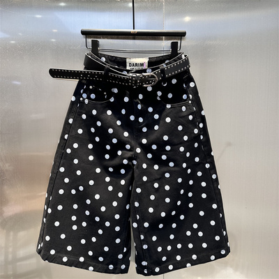 白点印花设计感牛仔中裤女2026年春季新款百搭时尚高腰七八分裤子