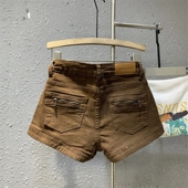 阔脚热裤 辣妹时尚 拉链口袋高腰水洗咖啡色Ａ字牛仔短裤 2026年夏款