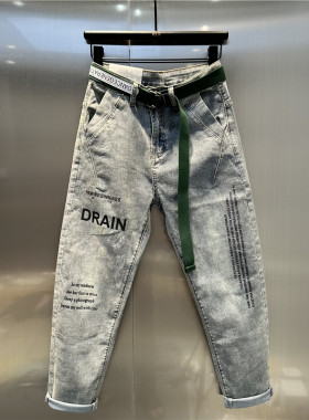 字母印花浅蓝色哈伦牛仔裤春夏新款宽松高腰水洗百搭显瘦小脚裤女