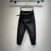 欧货重工烫钻破洞黑色春秋新款 小脚破洞萝卜垮裤 牛仔裤 宽松哈伦裤