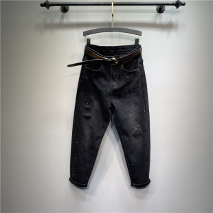小脚破洞萝卜垮裤 宽松哈伦裤 牛仔裤 欧货重工烫钻破洞黑色春秋新款
