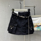 立体口袋洋气时尚 新款 机车风A字包臀裙 短裙2026夏季 黑色牛仔工装